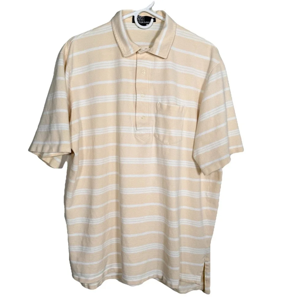 Vintage Polo Ralph Lauren Stripe Polo Shirt Mens XL Pocket USA Beige Cotton